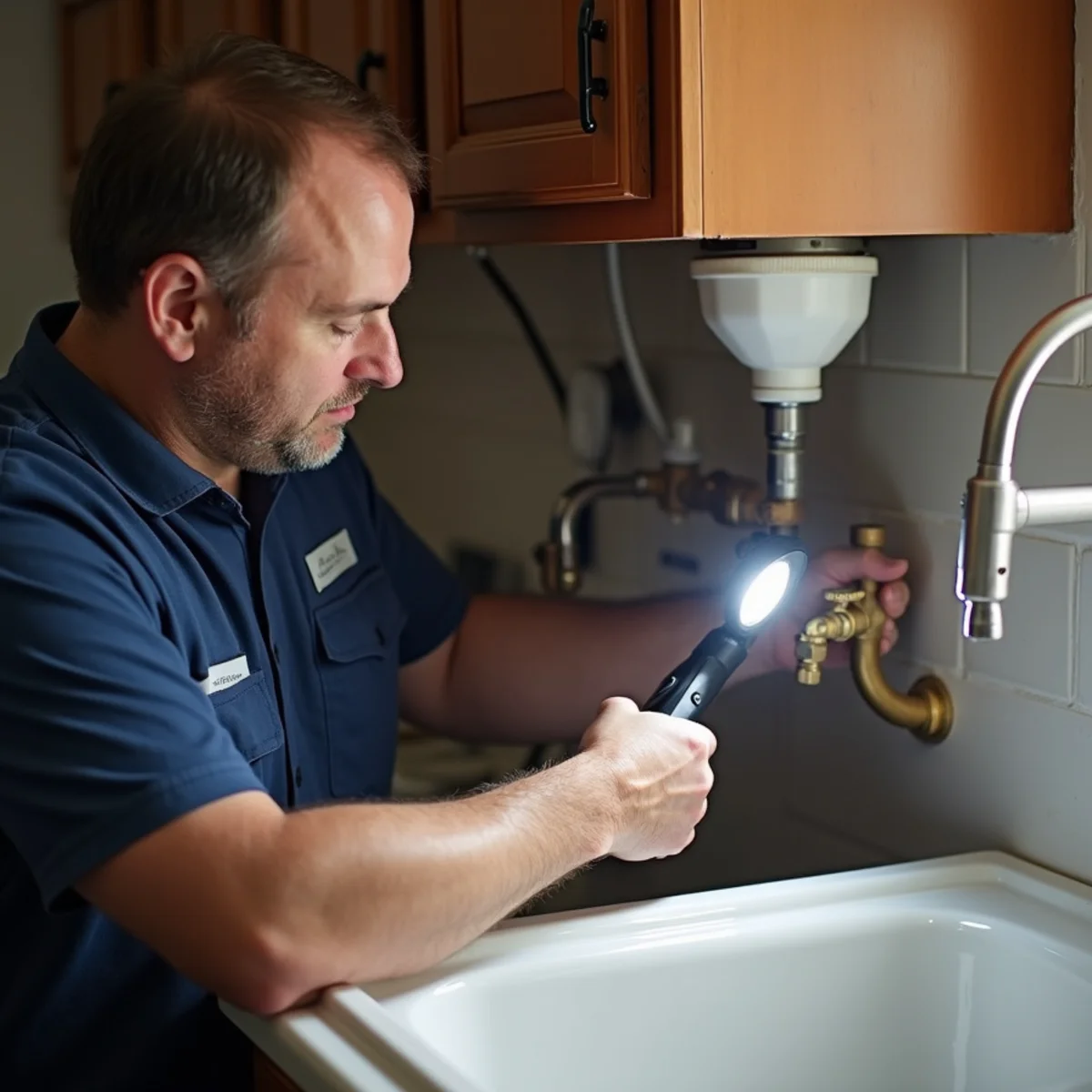 Experienced master plumber performing thorough fixture inspection in Stephenville